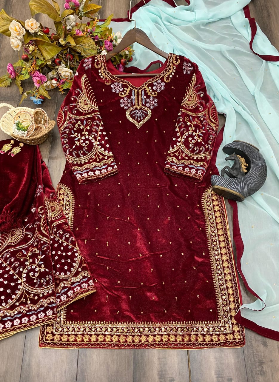 Velvet Suit Set with Sequence Embroidery Work (2)
