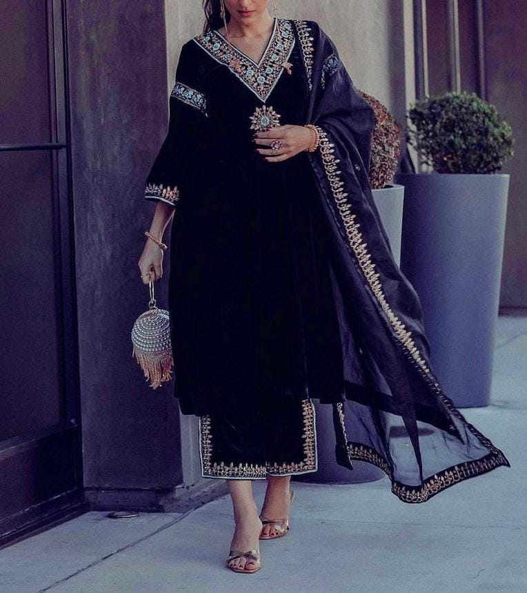 Viscose Velvet Top Palazzo Pant & Dupatta Set (4)