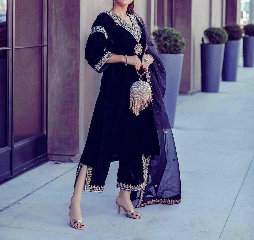 Viscose Velvet Top Palazzo Pant & Dupatta Set (5)